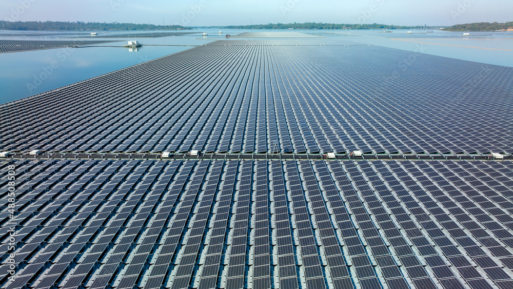 Aerial view floating solar cell power plant with solar cell generate the electric on the lake, Float