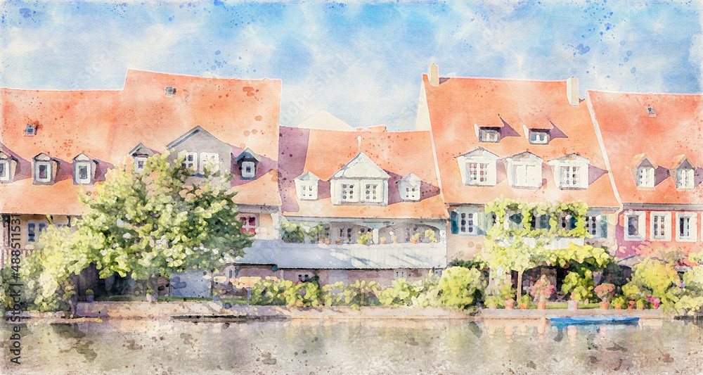 Aquarell-班贝格的历史Hausbebaung an der Regnitz