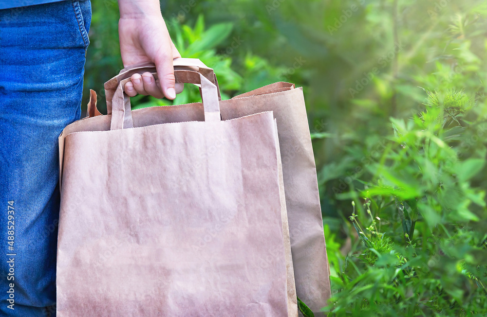 Hand of caucasian man holding eco friendly paper bags for organic shopping. Mockup blank template on