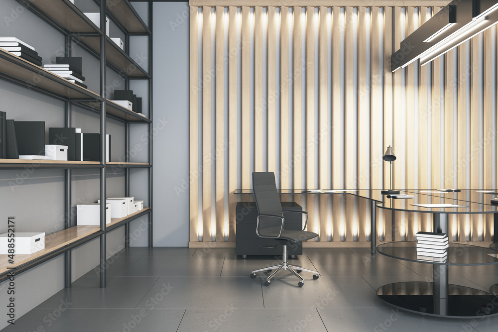 Bright office interior with desk, chair, and bookcase. Design and workplace concept. 3D Rendering.