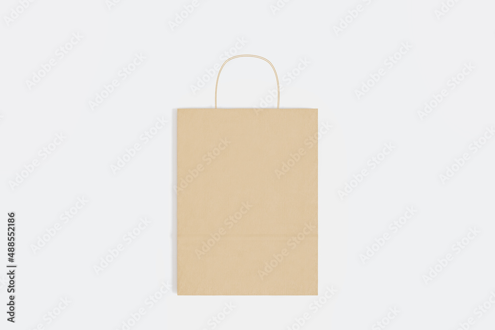 Close up of empty paper bag on white background. Shopping concept. Mock up, 3D Rendering.