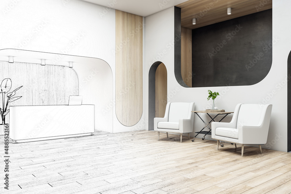 Sketch of modern wooden office interior with reception desk. Waiting area and lobby concept. 3D Rend