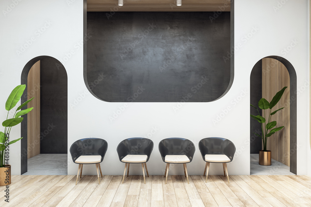 Modern white concrete and wooden flooring waiting area in interior with chairs and plant. 3D Renderi