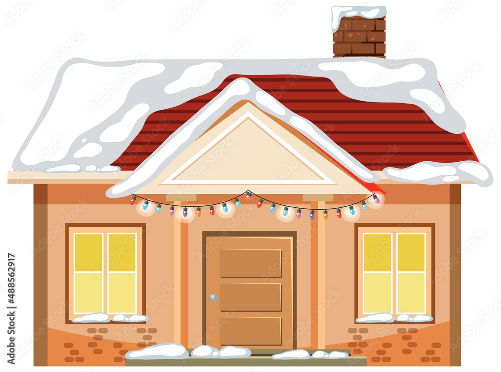 Snow covered house with Christmas light string