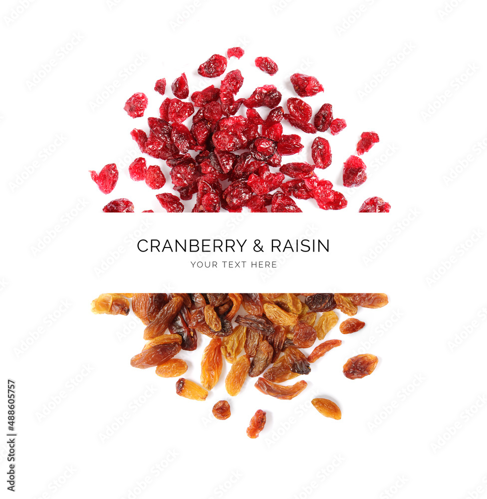 Creative layout made of cranberries and raisins on the white background. Flat lay. Food concept.