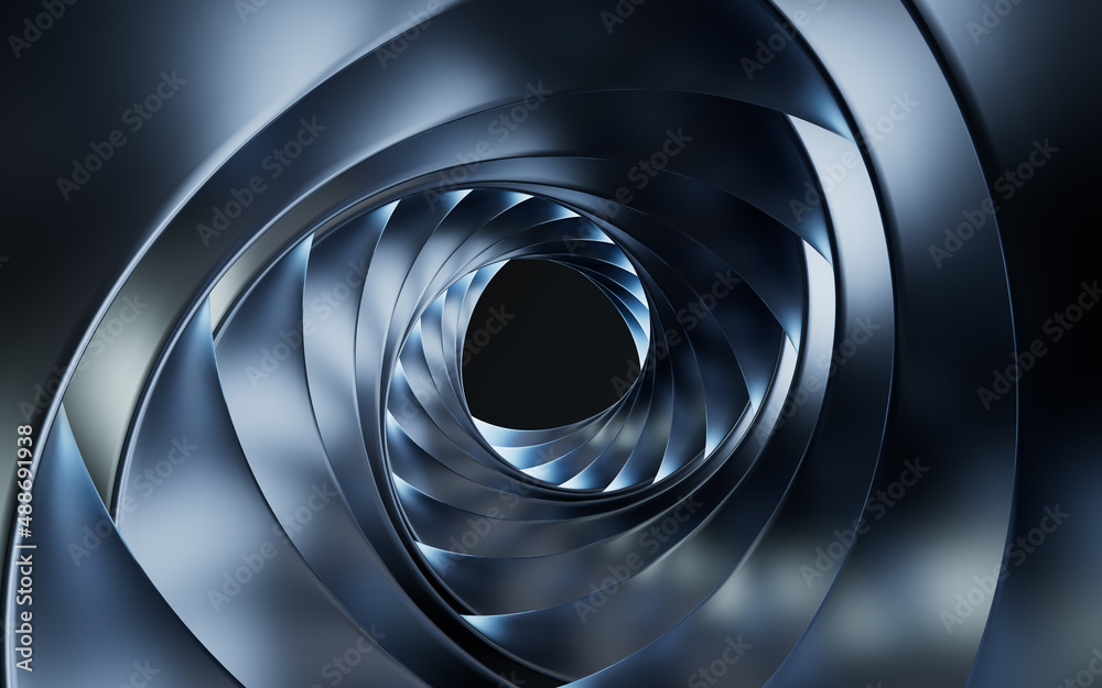 Spiral metal curve tunnel, 3d rendering.