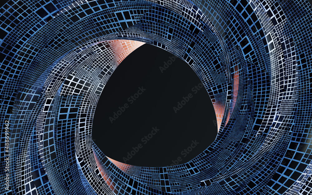 Spiral metal curve tunnel, 3d rendering.