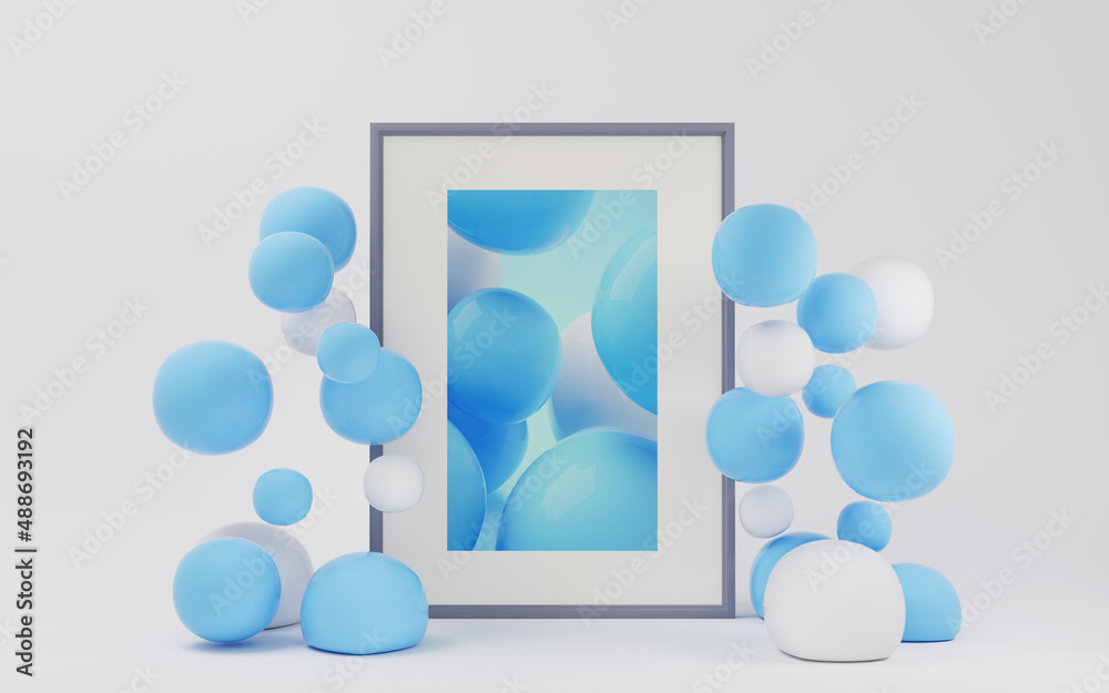 Soft balls and decorative picture, 3d rendering.