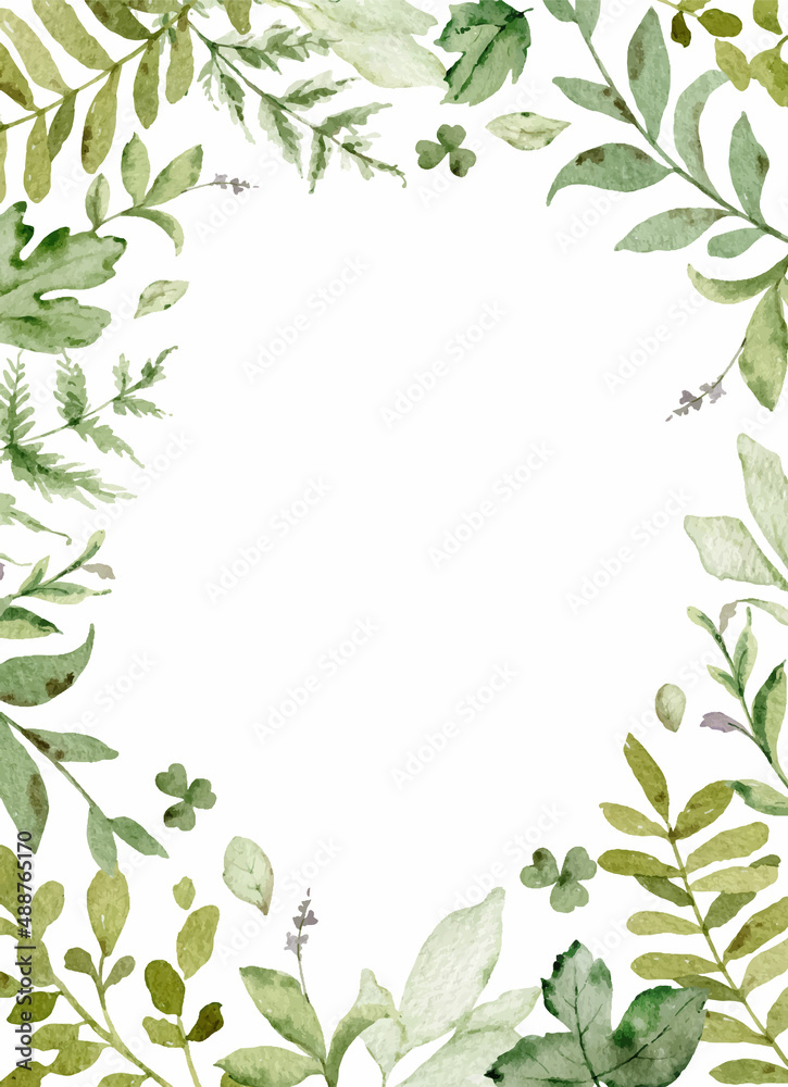 Watercolor vector frame with green forest foliage.