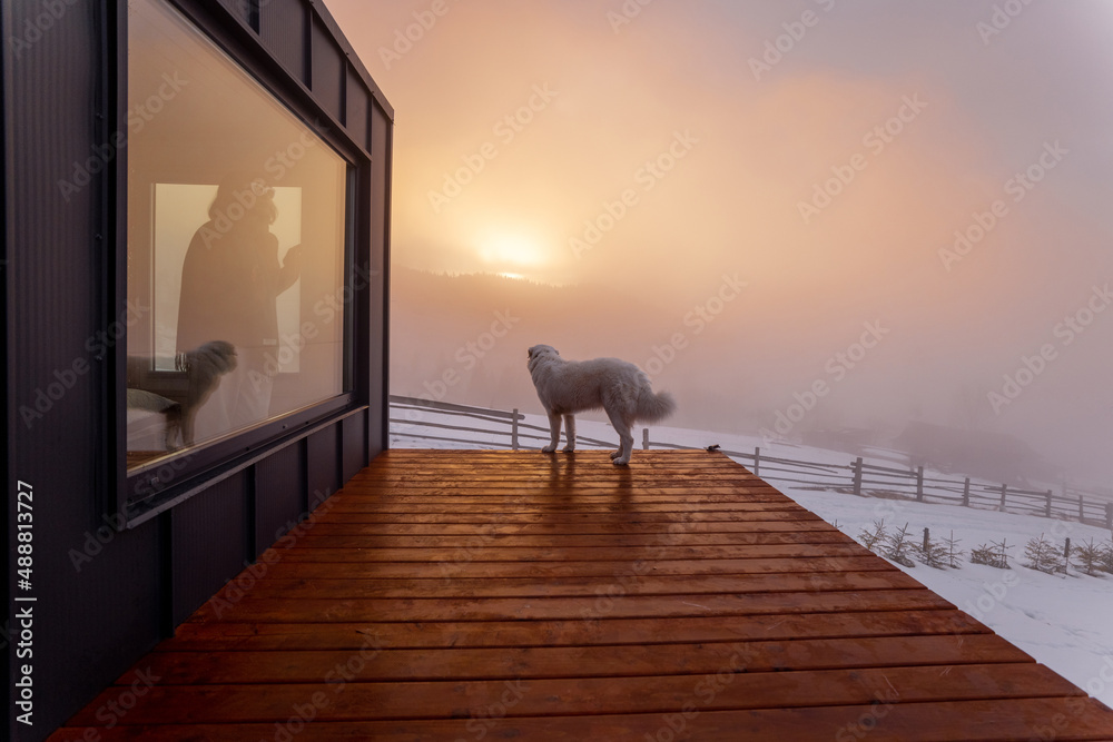 Tiny house with terrace in the mountains during winter on sunrise. Woman looks out from the window, 