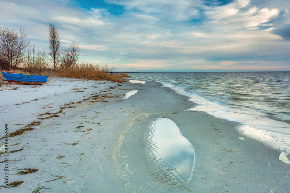 Beautiful beach of the Baltic Sea at sunset in Kuznica, Hel Peninsula. Poland