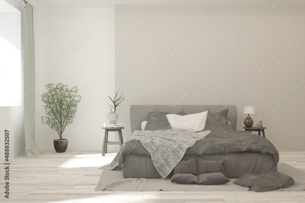 White bedroom interior. Scandinavian design. 3D illustration