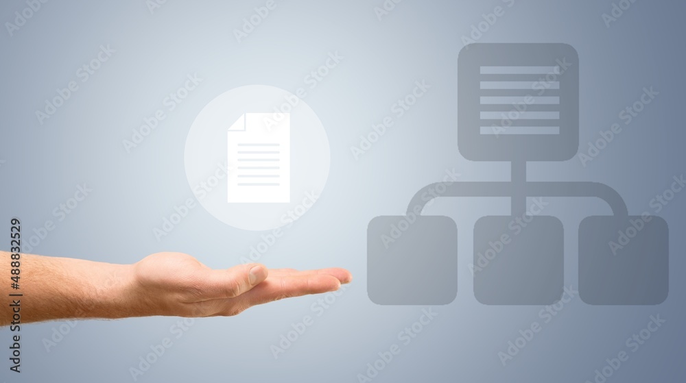 Document Management System concept. Hand hold file icon Virtual screen automation software