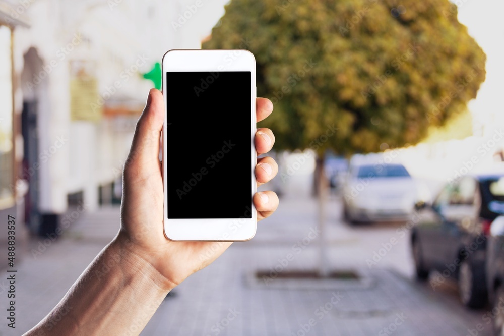 Business and financial concept. Hand with smartphone with a blank screen