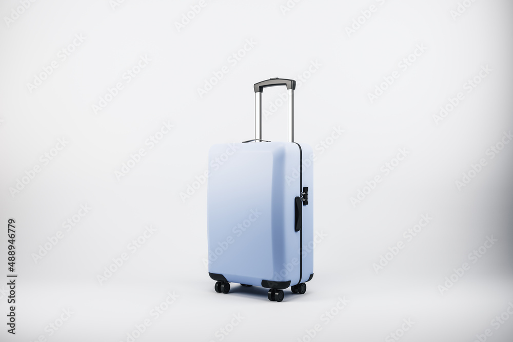 Suitcase on white backdrop with mock up place. Luggage, bag and airplane concept. 3D Rendering.