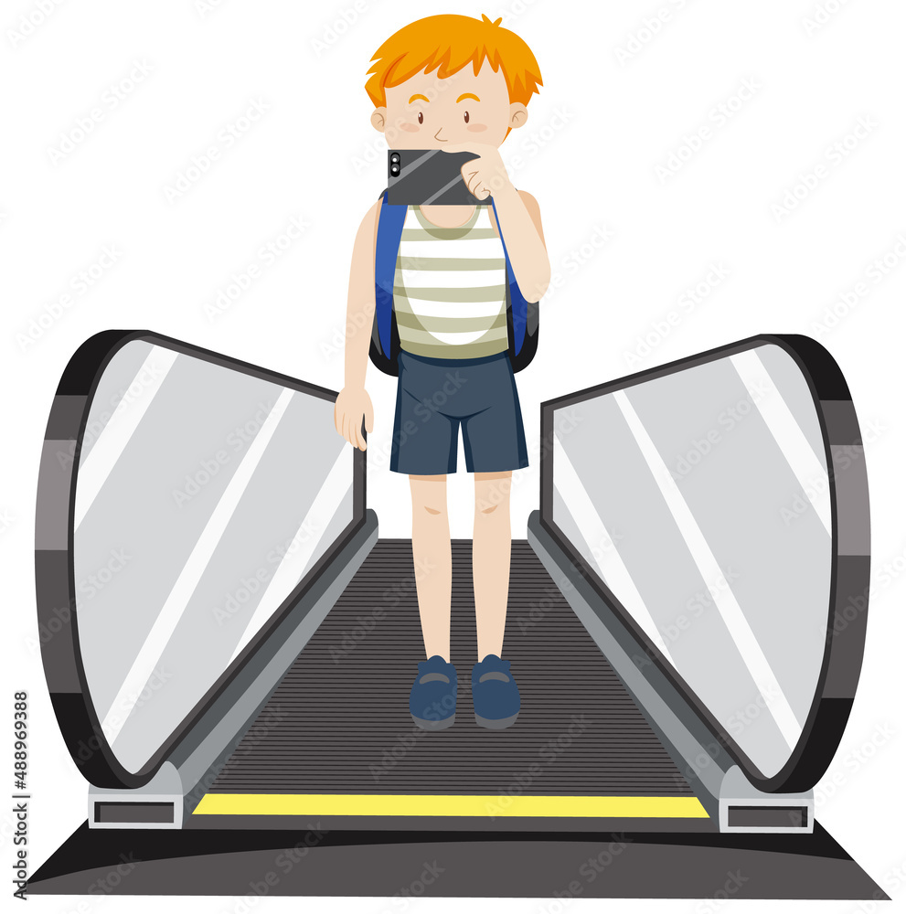 Front view of two travellers on moving walkway