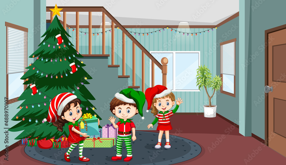 Room scene with children celebrating Christmas