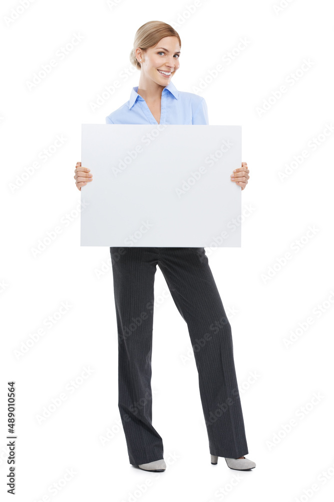 I want everyone to see your brand. Studio shot of a beautiful young businesswoman holding a blank si