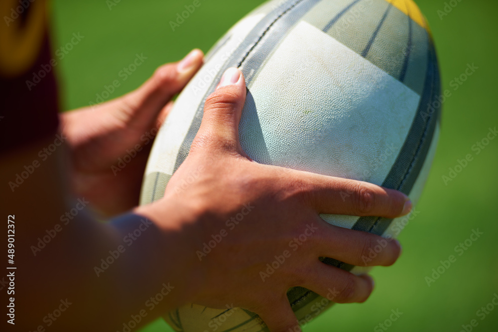 We came to win. Closeup shot a rugby player holding a ball.