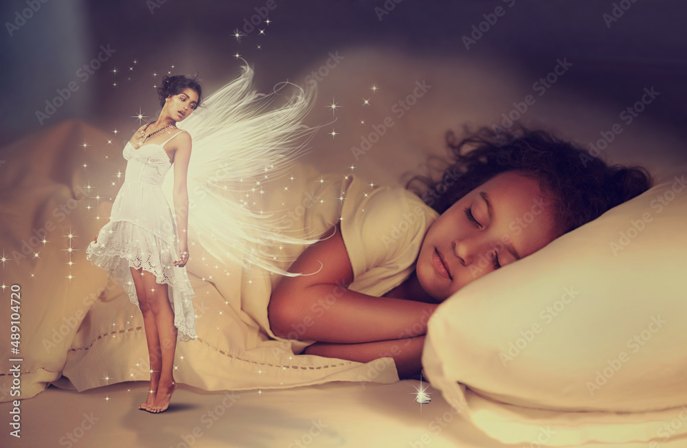 Looks like this little ones asleep.... A cute little girl fast asleep while a fairy looks on.