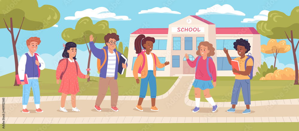 Cute happy children back to school. Colorful vector illustration