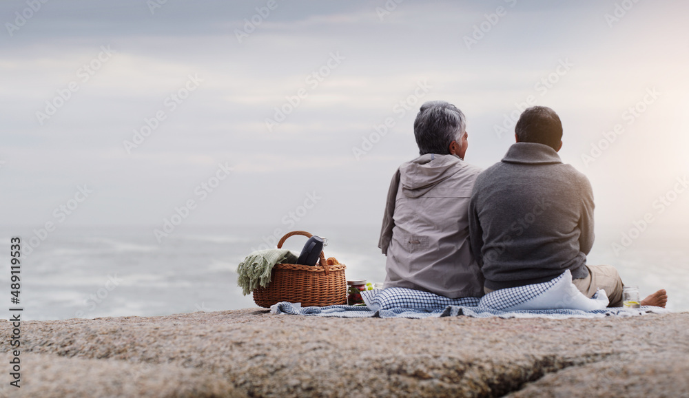 Were having a picnic by the beach today. Rearview shot of an affectionate senior couple having a pic