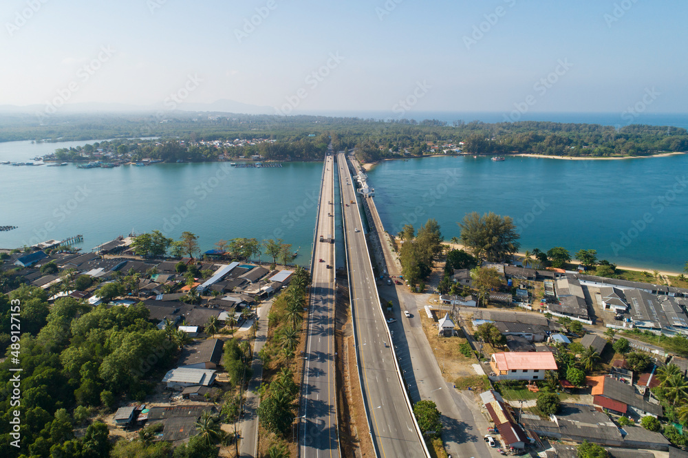 Sarasin Bridge Phuket Thailand. Aerial view scene of Sarasin bridge high way road transportation Aer