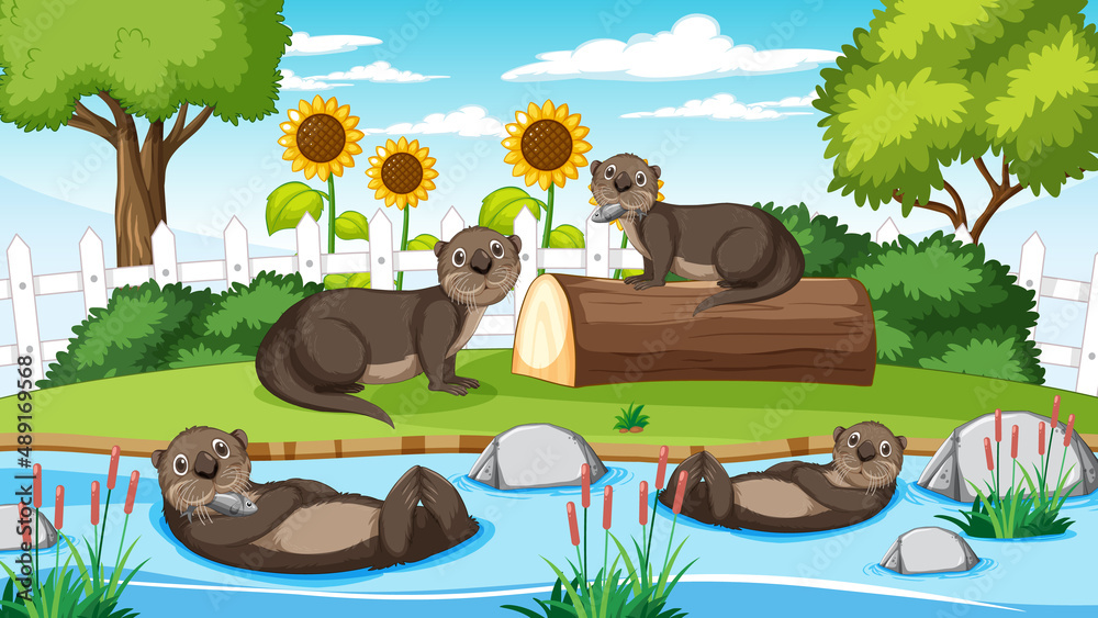 River in the forest with otters