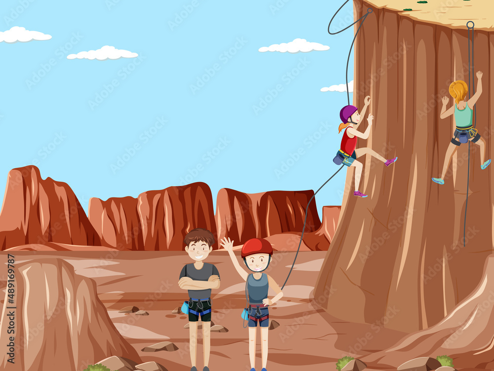 Rock climbing scene with many climbers