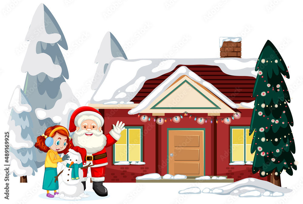 Snow covered house with Santa Claus and Christmas decorated trees