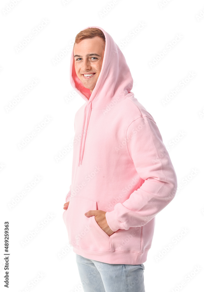 Young guy in stylish hoodie on white background