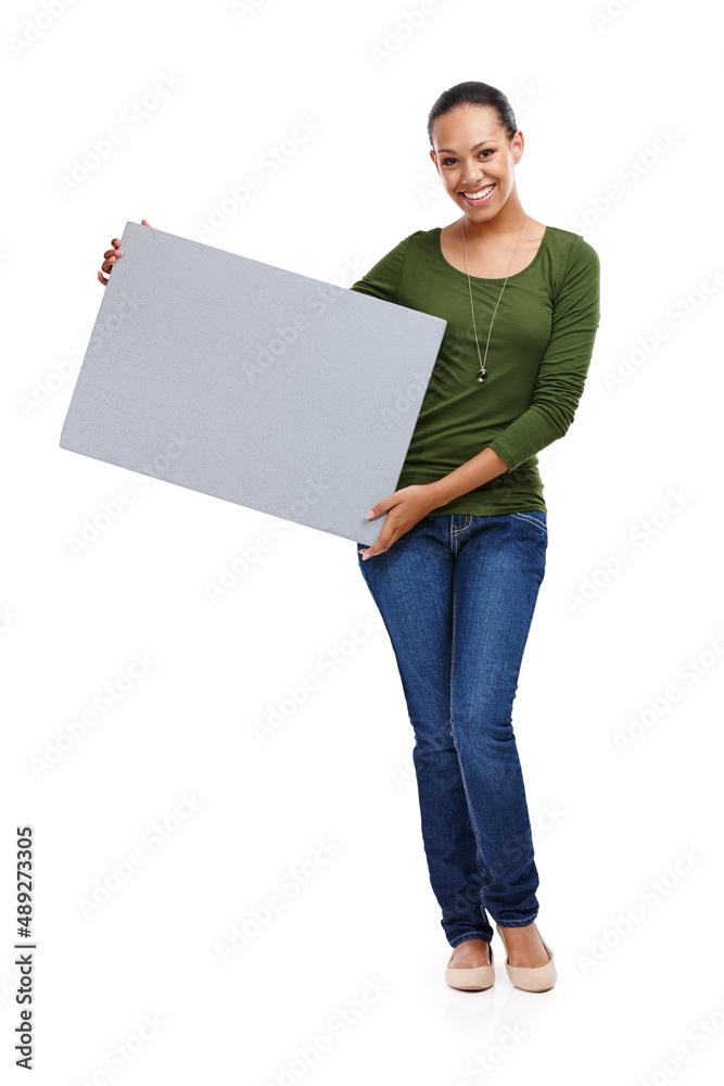 The blank page is where inspiration happens. Portrait of an attractive young woman holding a board i