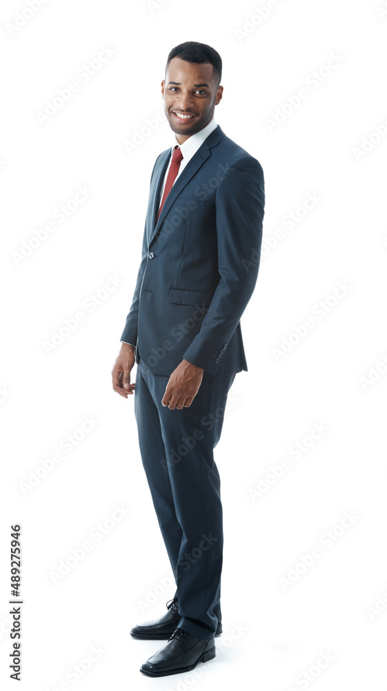 Hes the ideal employee. A happy businessman isolated on white while smiling.