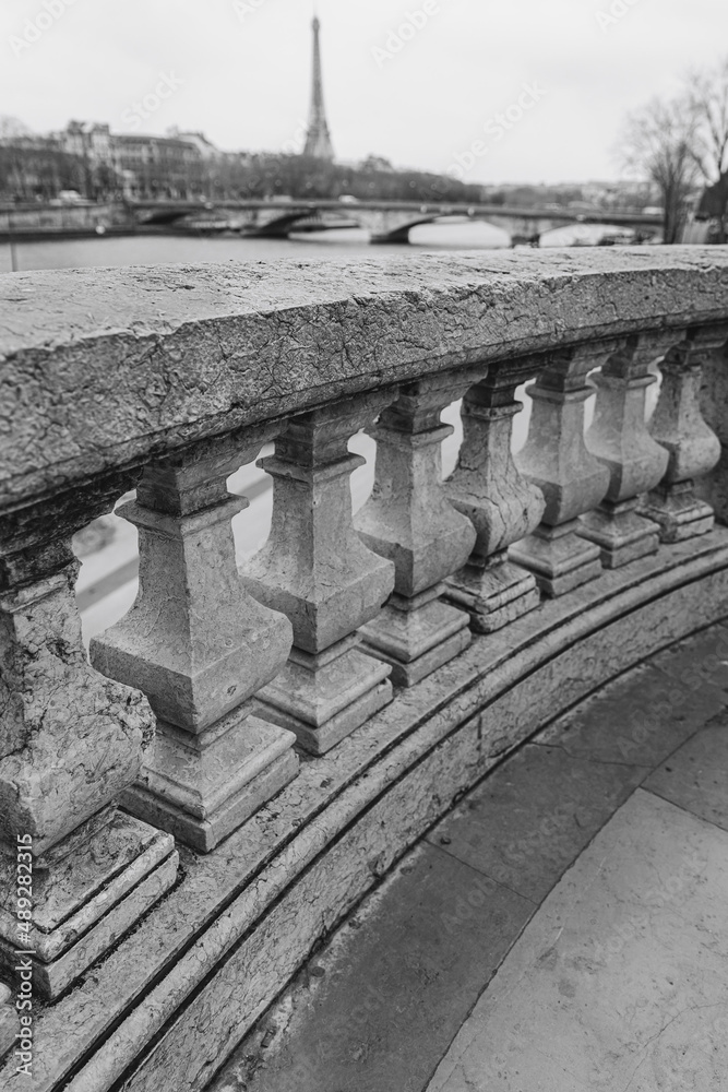 View of the Eiffel Tower from the Pont Alexandre III black & white