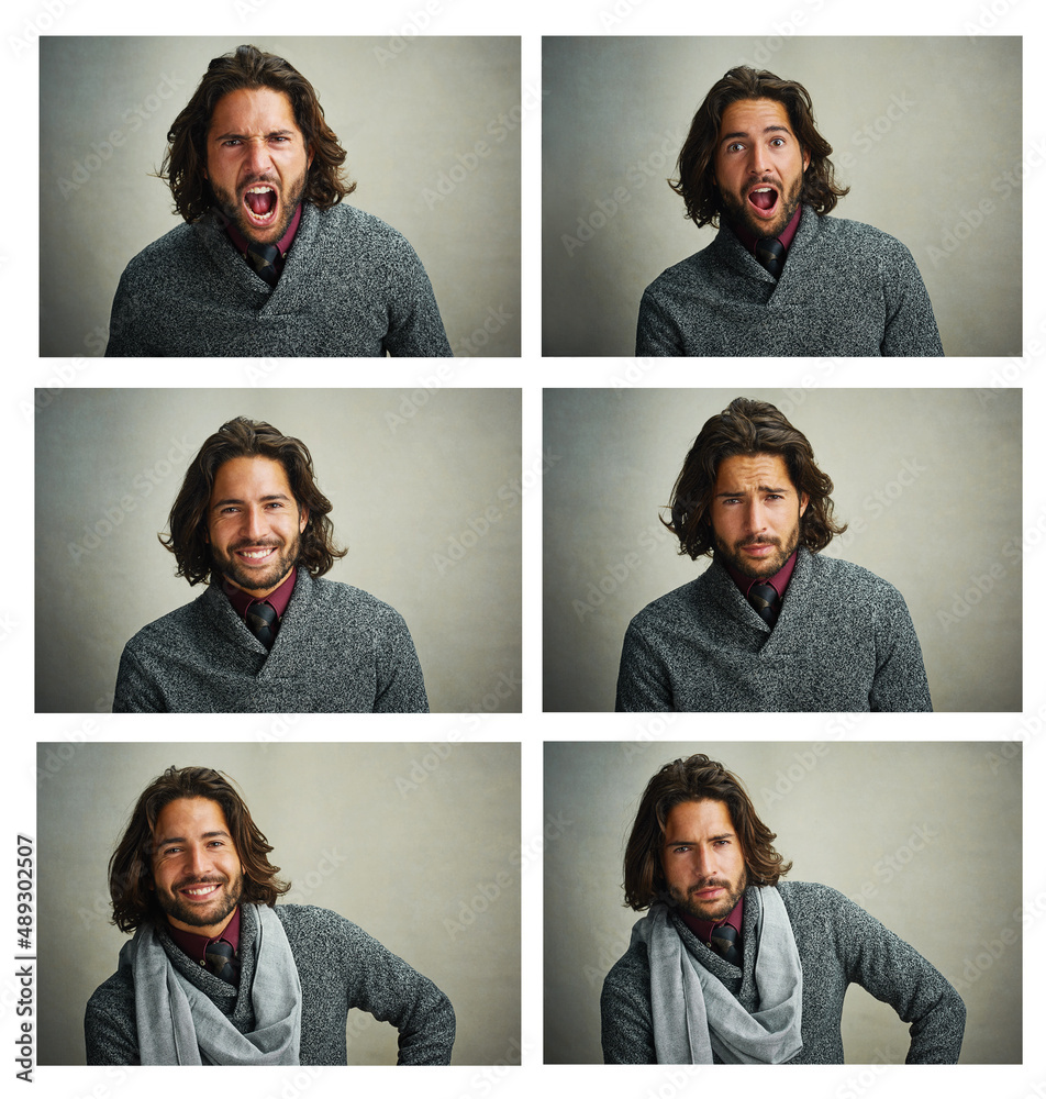 Me and my many moods. Composite portrait of a stylishly dressed man posing against a gray background