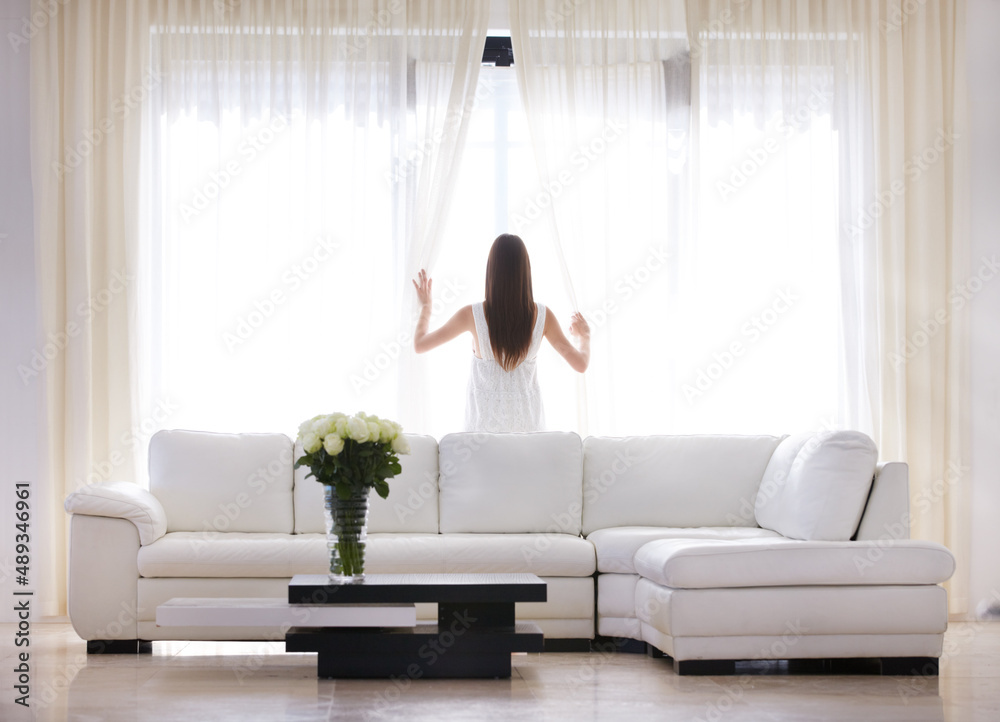 Living life with a luxurious view. A young woman looking through her living room window early in the