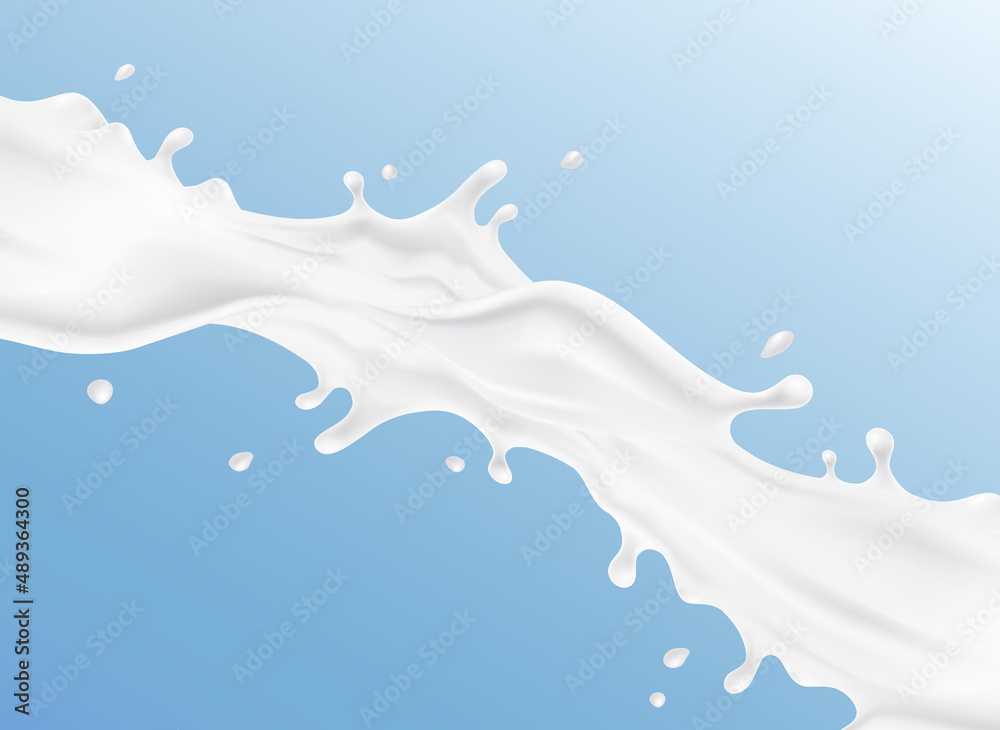 Milk splash pattern isolated on blue background. 3d realistic yogurt wave flow drink. Vector milky p