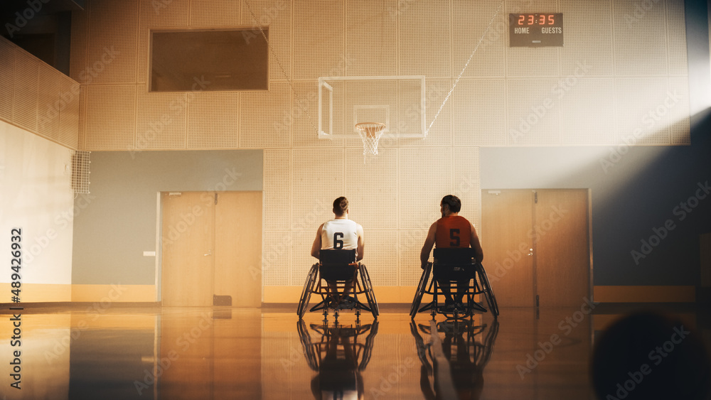 Court for Wheelchair Basketball Game of One on One. Competing Friends Ready to Play, Talk Before Gam