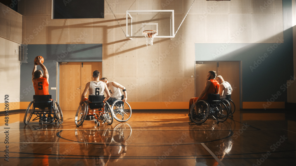 Wheelchair Basketball Court Game: Professional Players Competing Energetically, Dribbling Ball, Pass