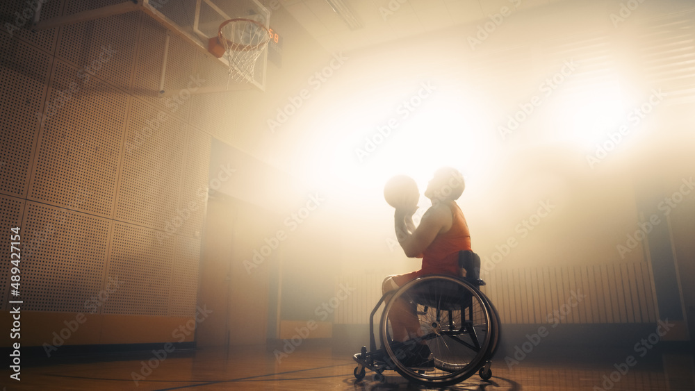 Portrait of Wheelchair Basketball Player Shooting Ball to Score a Perfect Goal. Determination, Train