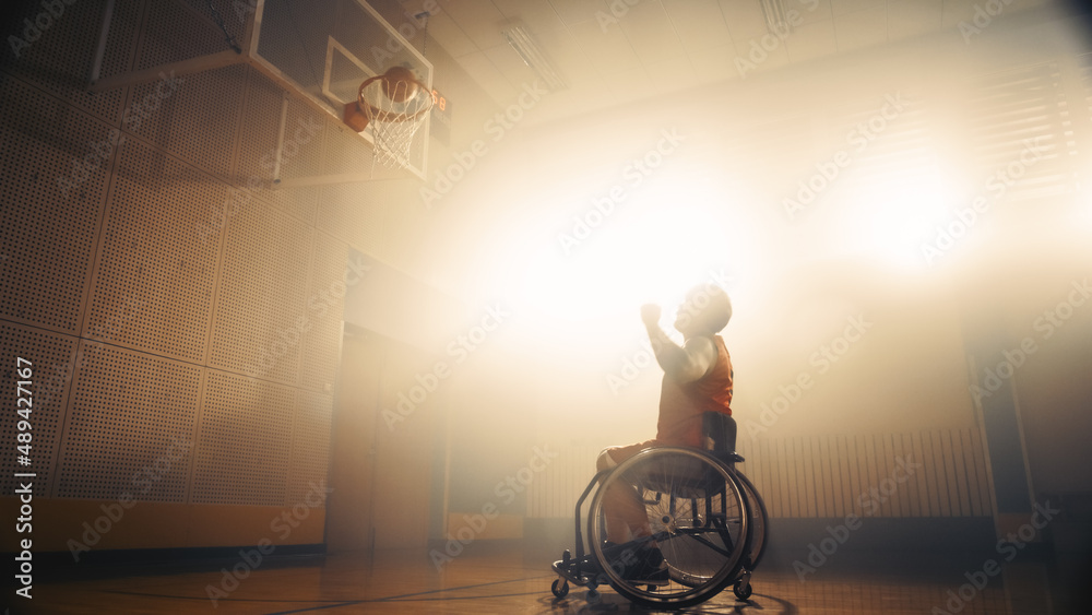 Portrait of Wheelchair Basketball Player Shooting Ball to Score a Perfect Goal. Determination, Train