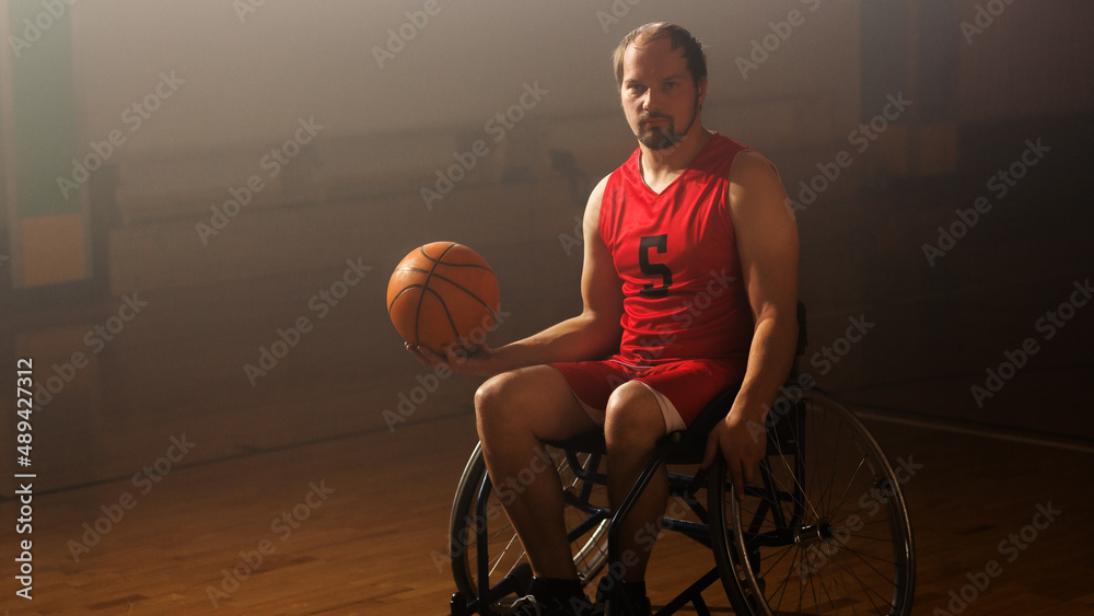 Portrait of Wheelchair Basketball Player Holding Ball, Training. Determination, Training, Inspiratio