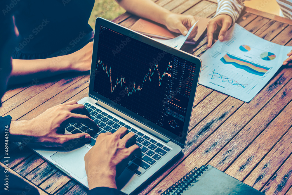 Stock market data chart analysis by ingenious computer software . Investment application display sto