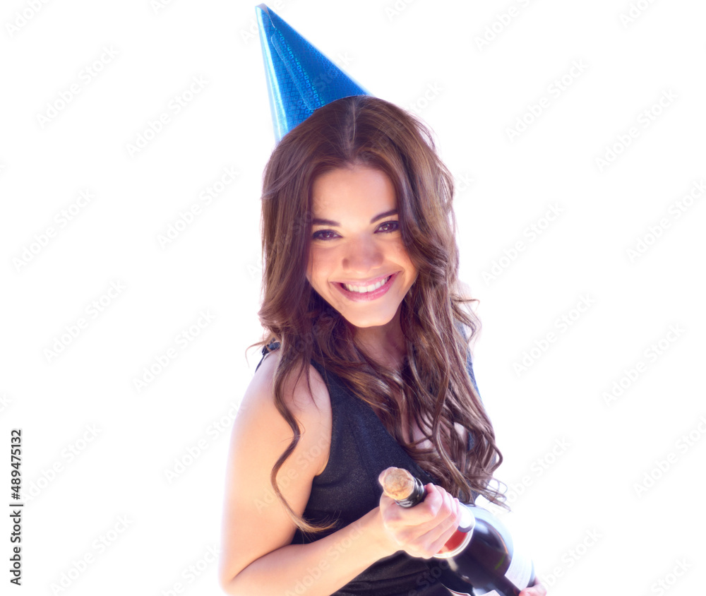 Popping bottles. Portrait of an attractive young woman about to pop a bottle of champaign.