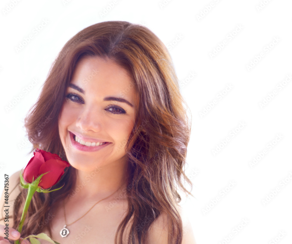 Roses are red.... Portrait of an attractive young woman holding a single red rose.