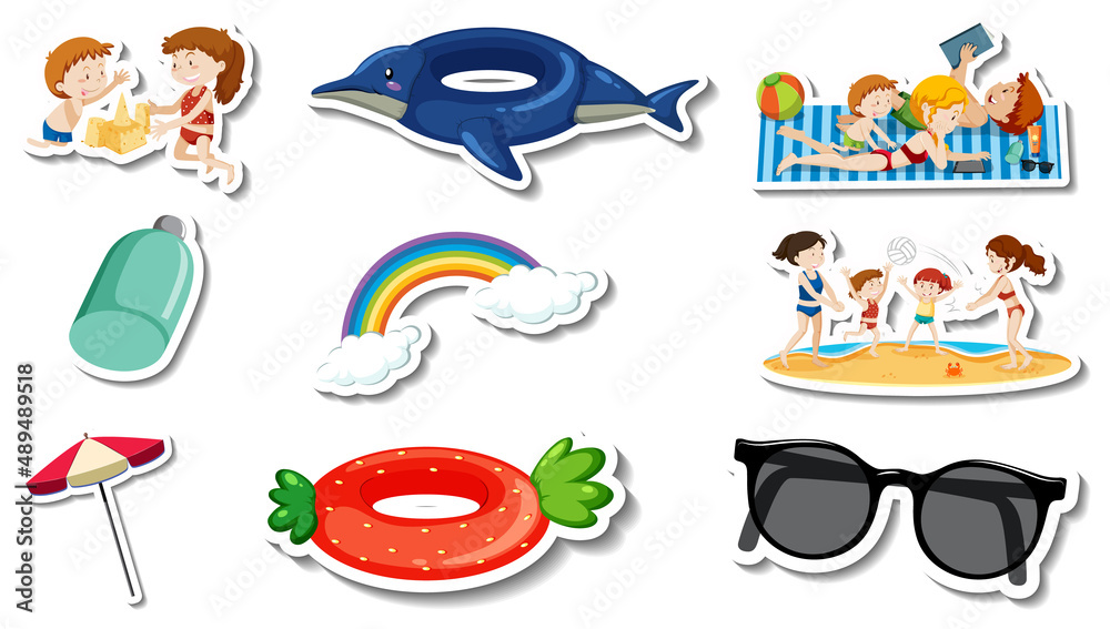 Set of summer beach items and children