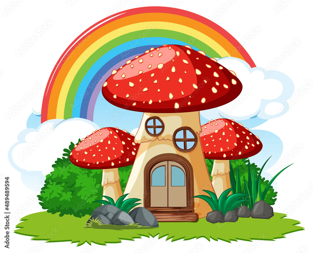 Fantasy mushroom house with rainbow in the sky