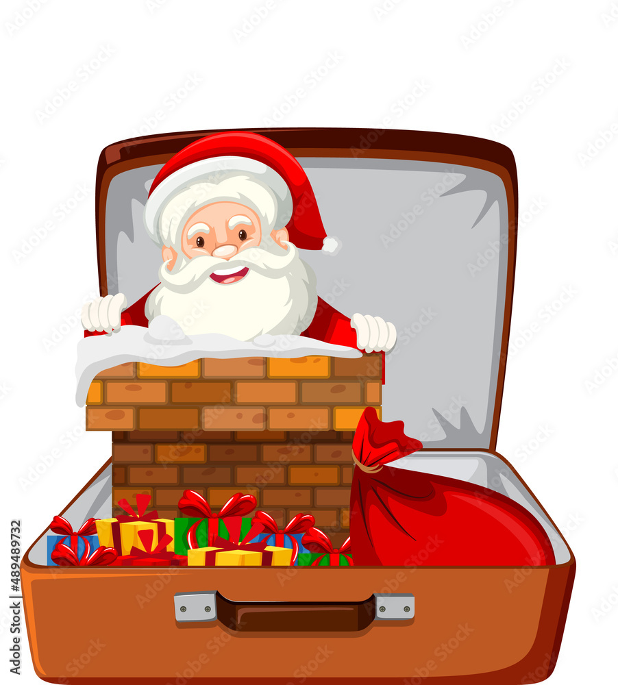 Christmas theme with Santa in a luggage on white background