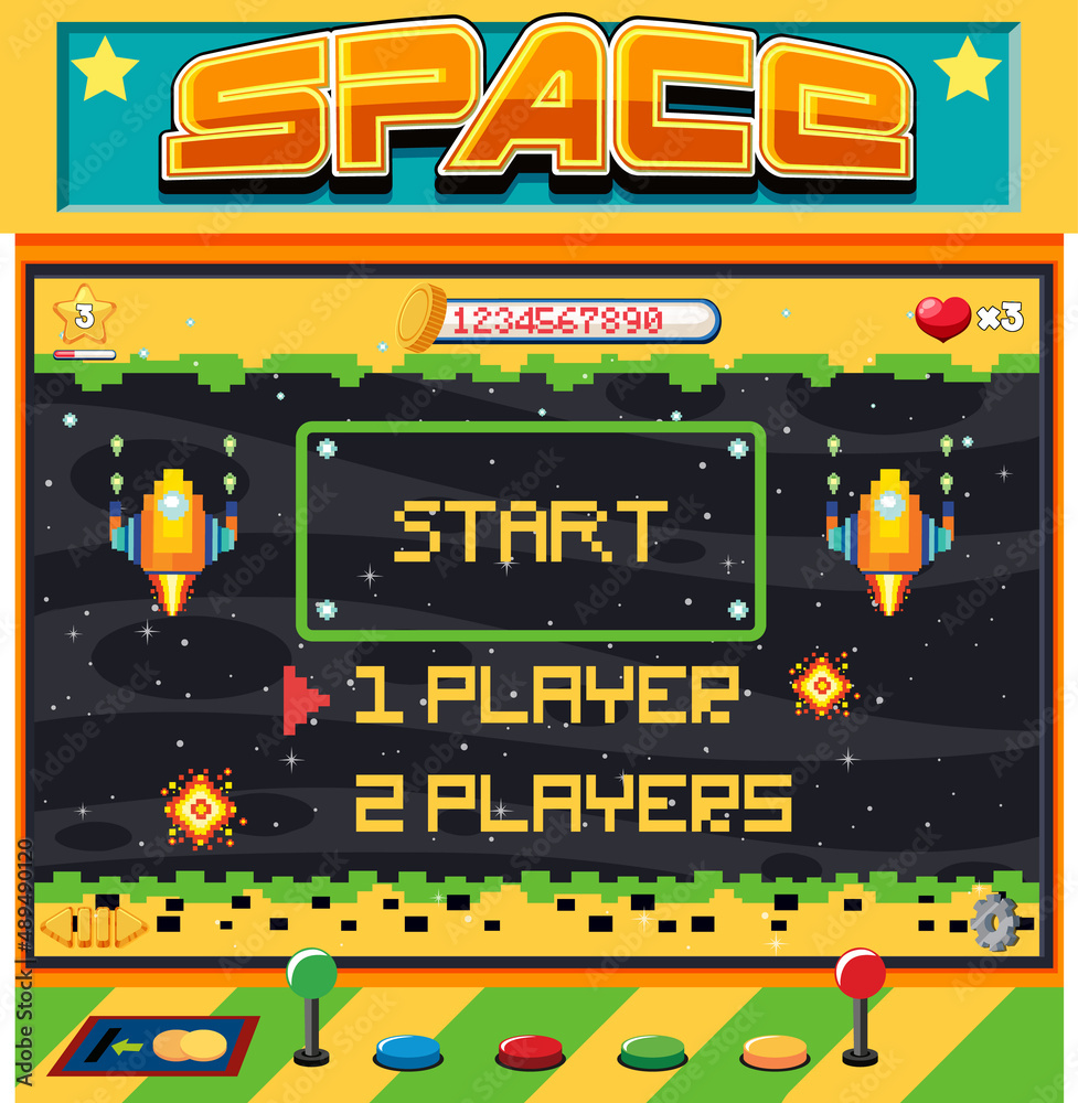 Pixel space game interface with start button