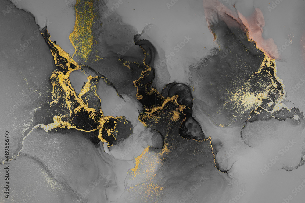 Dark gold abstract background of marble liquid ink art painting on paper . Image of original artwork